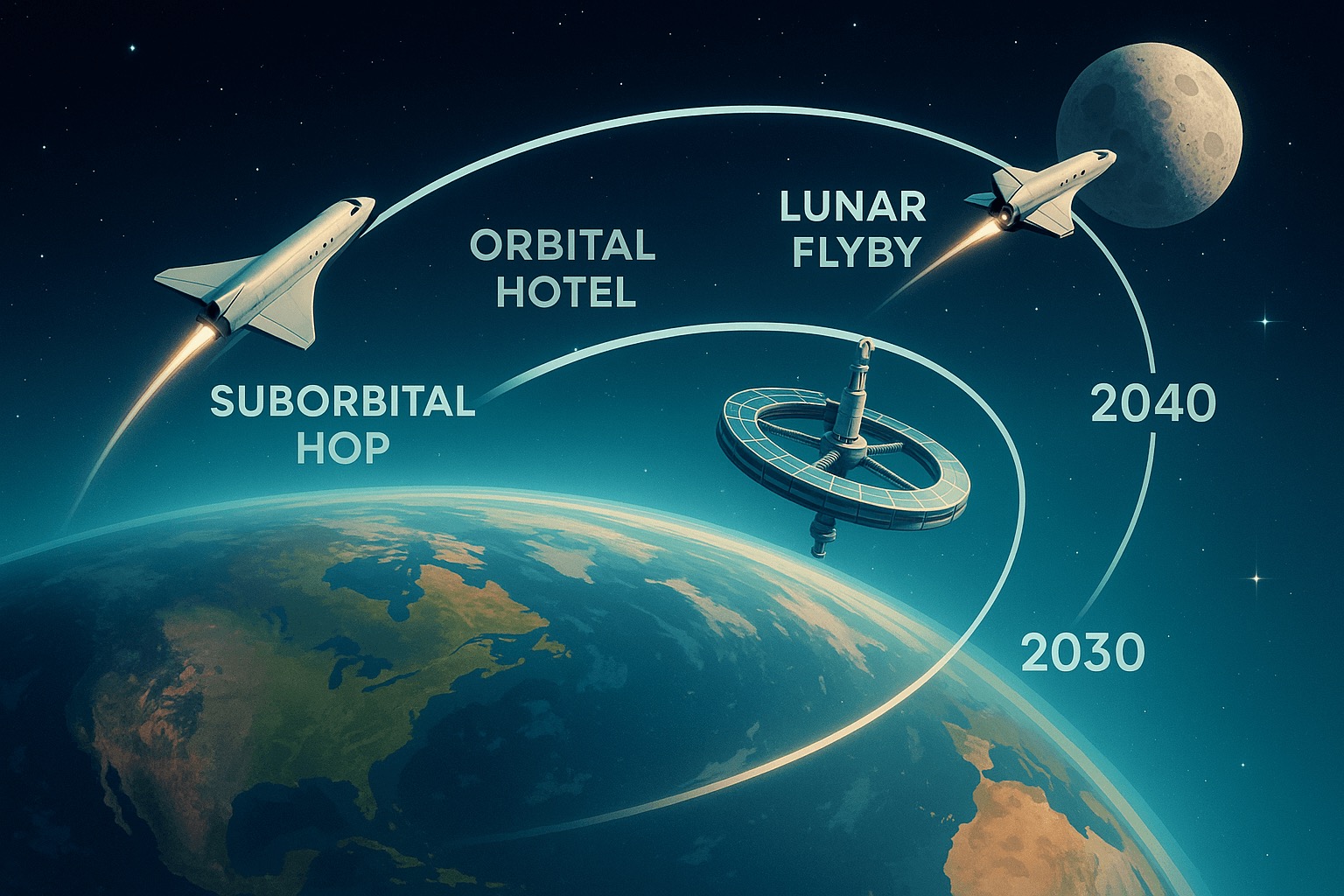 Timeline 2030–2040: The decade stars became vacation spots, perspectives shifted globally, and humanity embraced its cosmic backyard